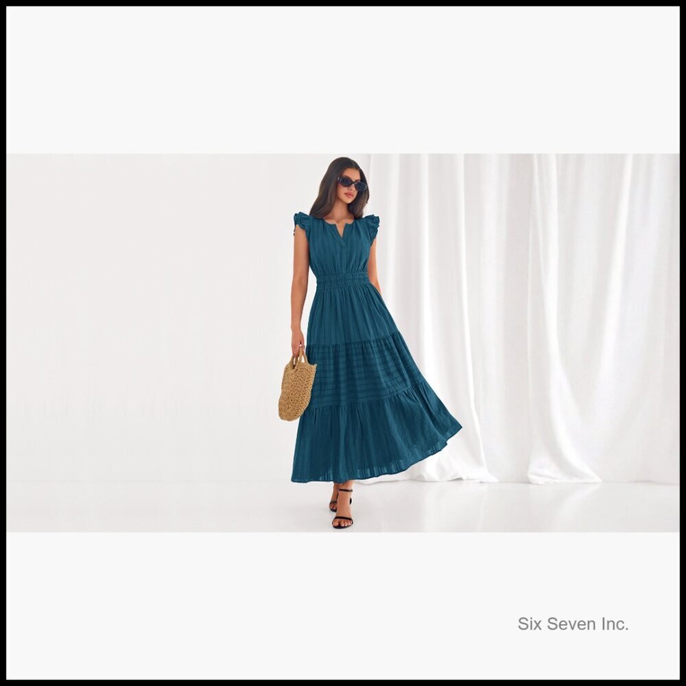 Breathable Cotton Maxi Dress with Pockets, Flutter Sleeves, Elastic Waist - Picture 7 of 7
